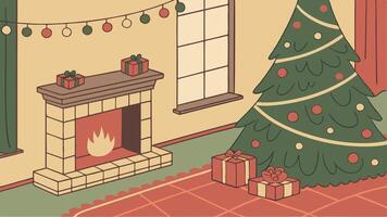 Christmas tree in living room with fireplace and presents vector