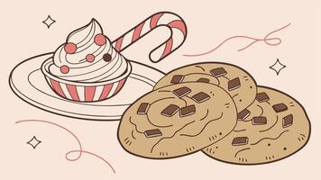 Homemade cookies topped with cream and candy cane on a isolated pastel background Copy space vector