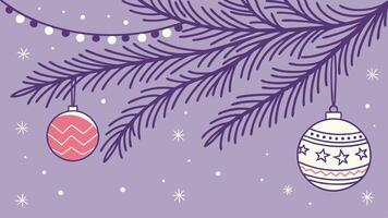 Purple christmas background with fir tree branches and baubles. Copy space vector