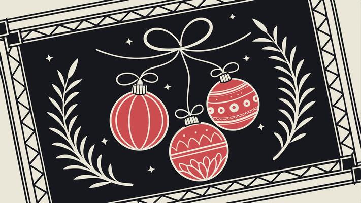Christmas frame on black background with red christmas balls.