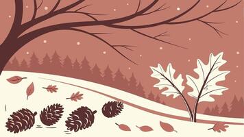 Christmas red magic background. snow. autumn leaves with pine cones . vector
