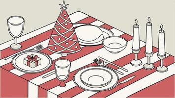 Christmas table setting with dishware. silverware and decorations on festive table. vector