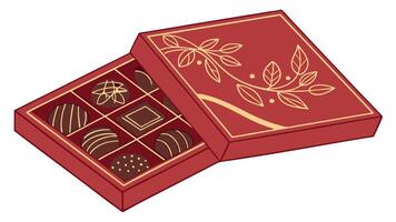 Christmas luxury candy box. Red box with chocolates and truffles top view. vector