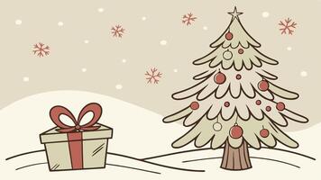 Background for a greeting card for Christmas and New Year with a small Christmas tree and a gift vector