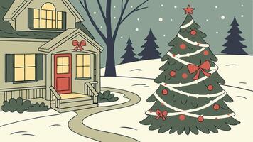 Christmas tree adorned outdoors with sparkling fairy lights in a festive setting vector