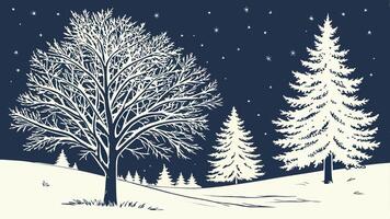 Background with snowy scenes and night sky. snow-covered trees. vector