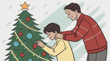 Father and son arranging decorations on Christmas tree with blurred background vector