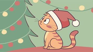 Cute ginger cat in Santa Claus hat on bokeh christmas background vector