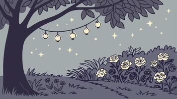 A night scene with a tree and flowers vector