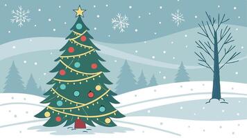 A christmas tree in the snow with snowflakes vector