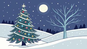 Christmas tree in the snow with a full moon vector