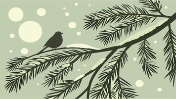 A bird sitting on a branch in a snow covered fir tree vector