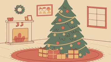 Christmas tree in living room with presents and fireplace vector
