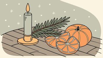 Christmas tree and orange on wooden table with candle vector