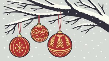 Christmas decorations hanging on a tree branch in the snow vector