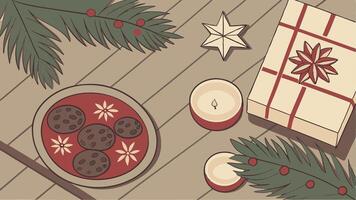 Christmas cookies and presents on a table vector