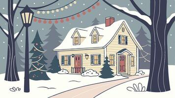 Christmas scene with snow covered house. decorated trees and lanterns. beautiful banner vector