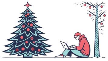 Winter neon cyber conifer frame. Christmas tree flat lay background with copy space. vector