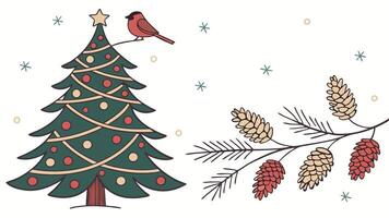 Christmas background with xmas tree and fir cones on white background. Space for text vector