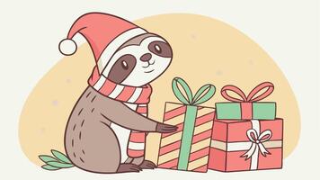 Cute card for christmas with a little sloth and gifts. Fancy watercolor drawing. AI generation vector