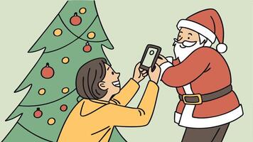 Person taking picture of santa clause on cell phone with christmas tree in the background. vector