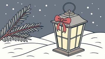 Christmas lantern on snow with fir branch in evening scene vector