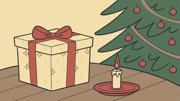 Christmas gift box with red ribbon and candle on wooden table in front of christmas tree vector