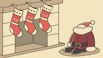 A cartoon santa claus is standing in front of a fireplace with stockings hanging from the vector