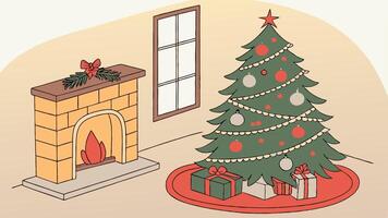 Classic Christmas tree adorned with ornaments and lights. set against a warm fireplace. vector