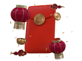 Chinese new year with 3D realistic red envelope, ornaments, gold coin, gold ingots, lanterns, gold confetti and chinese cloud for presentation, banner. Mid Autumn festive luxury concept png