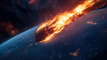 Fiery Meteor Approaching Earth Beyond Atmosphere in Space video