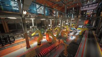 Conveyor belt operation in a modern factory with robotic arms at work video