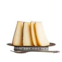 Artisanal cheese slices measured with a ruler on a transparent background for culinary precision, Artisanal Cheese Slices on a Measuring Device, transparent background. png