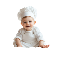 Cheerful baby boy in a chef outfit sitting on a soft blanket against a transparent background, Baby Boy in Chef's Outfit on transparent background png