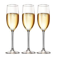 Three elegant champagne glasses filled with sparkling bubbly on a pristine transparent background, an art realistic three glasses champagne isolated, transparent background. png