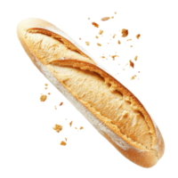 Freshly baked baguette with crumbs scattered on a surface showcasing its texture and crust, Baguette bread with falling crumbs isolated on transparent background png