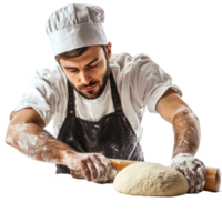 A baker skillfully rolls out fresh dough with a rolling pin in a kitchen setting during preparation for baked goods, A baker with a rolling pin rolls out the dough Isolate png