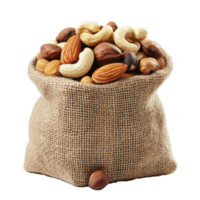 A burlap sack filled with a variety of mixed nuts against a clean transparent background, Bag mixed nuts, transparent background. png