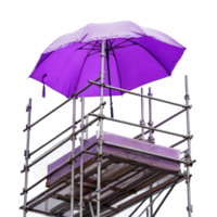 A construction scaffolding with a purple umbrella on top against a transparent background, A transparent background image a construction scaffolding with a purple umbrella spread over the top png