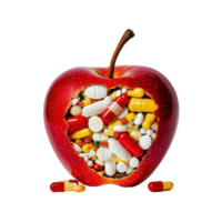 A hollowed apple filled with colorful pills against a transparent background, Apple hollowed out and filled with pills, transparent background. png