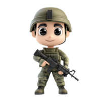 A cheerful military cartoon character standing with a rifle on a transparent background during a playful moment, 3D military cartoon character on transparent background png