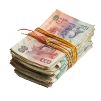 A neatly bundled stack of banknotes on a clean transparent background representing currency and financial transactions, A bundle banknotes transparent background png