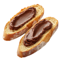 Baguette cut in half with rich chocolate spread ready to enjoy as a delicious snack or breakfast treat, Baguette Cut in Half with Chocolate Spread on transparent background png