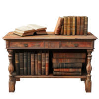 Antique study desk with vintage books arranged neatly on a transparent background, Antique Study Desk with Books, transparent background. png