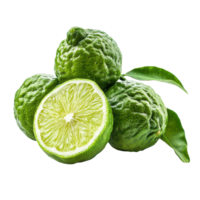 Fresh bergamot fruits with vibrant green skins and one cut in half, set against a plain transparent background, bergamot isolated on transparent background png