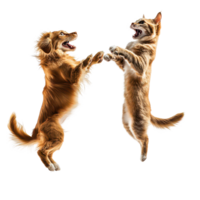 A playful dog and cat joyfully jumping together in perfect sync against a transparent background, A playful dog and cat jumping in sync, transparent background. png