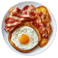 Delicious big breakfast featuring scrambled egg and crispy bacon on a plate for a satisfying meal, Big Breakfast, with egg and bacon, transparent background. png