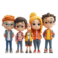A colorful group of five cartoon characters standing together in a cheerful outdoor setting, 3D Cartoon Character Group - Cute Students, transparent background png