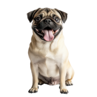 A happy pug with its tongue out sitting on the ground, showcasing its adorable expression and playful nature, a cute pug sitting on the ground with its tongue out, transparent background. png
