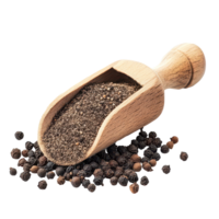 Black pepper powder in a wooden scoop on a transparent background showcasing spices and natural ingredients, black pepper powder in wood scoop isolated on transparent background png